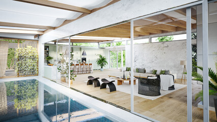 Fototapeta premium Organic Modern Luxury Interior with Biophilic Design Elements, 3d render