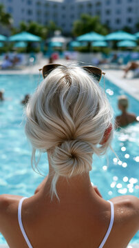 Frau von hinten sitzt am Poolrand mit Blick auf blaues Wasser.
