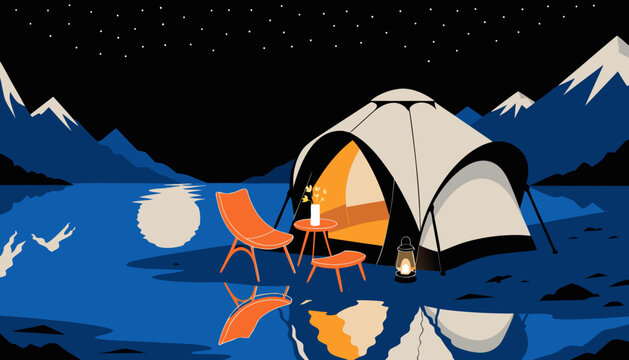 Very beautiful luxury glamping tent beside a crystal-clear mountain lake, featuring warm lantern lighting, elegant outdoor furniture, calm water reflections, and a breathtaking star-filled sky in prem