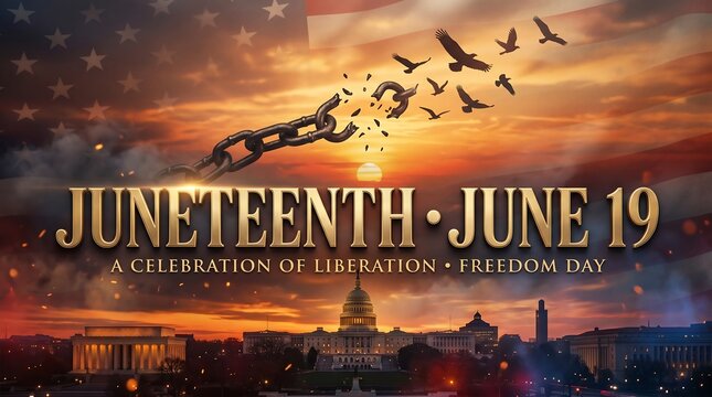 Juneteenth celebration of liberation and freedom day with broken chains and us capitol background