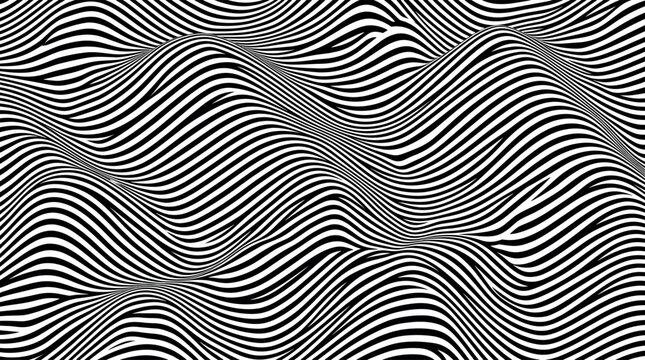 Abstract optical illusion wavy lines vector background black and white op art graphic geometric distortion pattern textureAbstract optical illusion wavy lines vector background black and white op art 