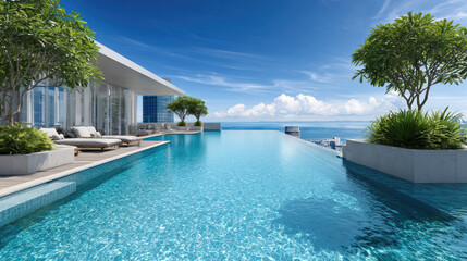 Fototapeta premium Luxurious hotel swimming pool with palm trees and sun loungers under a clear summer sky, creating a perfect scene for an exclusive and relaxing summer vacation