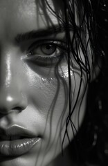 Fototapeta premium Black and white close-up of a woman with wet hair and tear streaks on her face. Her eye conveys deep emotion. Skin texture and lighting add dramatic depth.