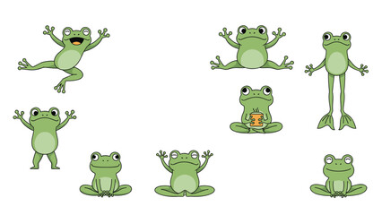 Fototapeta premium Playful collection of cute green frogs in different fun poses and activities like jumping and drinking tea in a cartoon style.