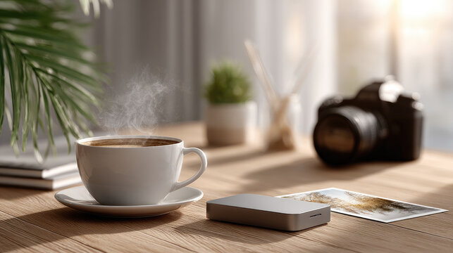 Morning coffee brewing with a modern pocket printer creating instant physical memories from digital images on a rustic wooden desk, enjoying creative analog journaling