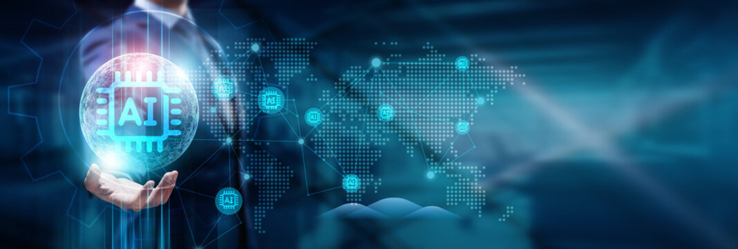 Hand touching a global network of AI, technology, and futuristic connections&mdash;bridging innovation, intelligence, and limitless possibilities through Artificial Intelligence.