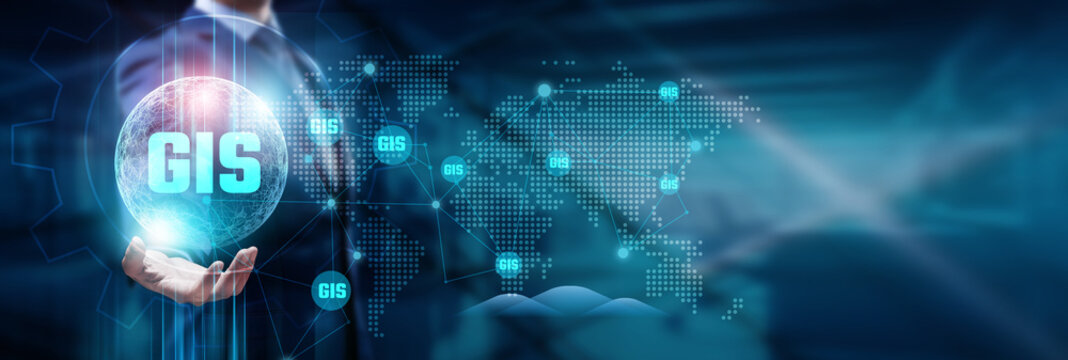 Hand touching with a global network connection, representing GIS technology, innovation, and futuristic advancements in mapping, analysis, and data integration worldwide.