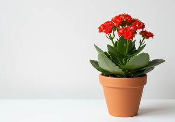 Fototapeta premium Bright red kalanchoe flowering plant displayed in a simple terracotta pot, photographed against a clean, plain white background, scarlet, tropical, gardening