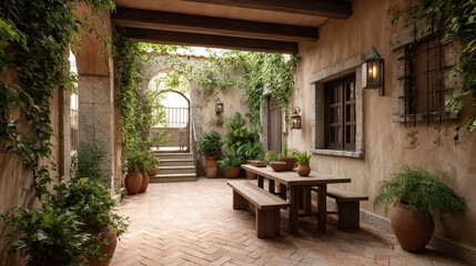 Fototapeta premium Rustic Mediterranean Inner Courtyard Terracotta Floor Vines