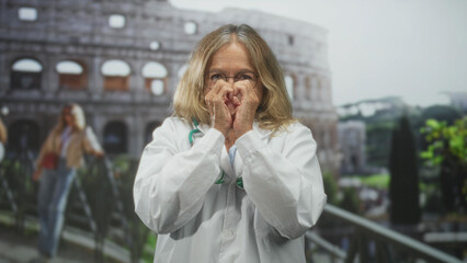 Fototapeta premium Senior blonde woman doctor in white coat with stethoscope and pocket pens forms heart with hands in studio before colosseum backdrop, smiling gently; compassion.