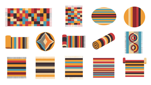 Set of various colorful rugs and carpets in different shapes patterns and textures for interior home decoration.