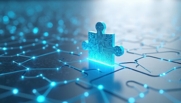 Glowing blue puzzle piece with circuit board pattern fits into digital grid. Represents tech solution, integration, and complex problem solving. Future idea complete.