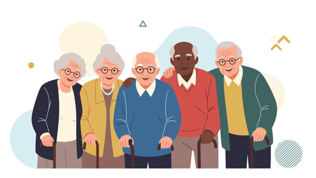 Diverse group of cheerful elderly men and women standing together leaning on walking sticks and smiling happily.