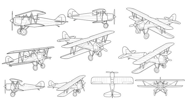 Large set of vintage biplane sketches shown from multiple angles including side front and top views for design.