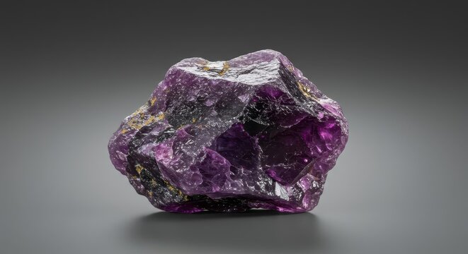 A captivating rough specimen of Sugilite gemstone exhibiting deep violet and magenta tones, meticulously placed against a smooth, solid grey studio background, lilac, craft, hobby