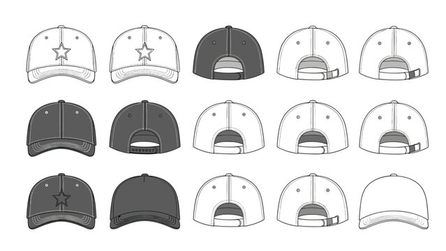 Technical vector sketches of baseball caps from various angles including front, back, and side views for fashion design reference.