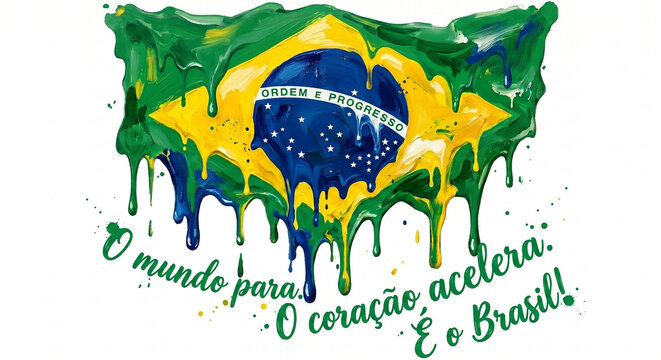 Bandeira do Brasil pintada com tinta e texto "O undo para, o cora&ccedil;&atilde;o acelera. &Eacute; o Brasil!"