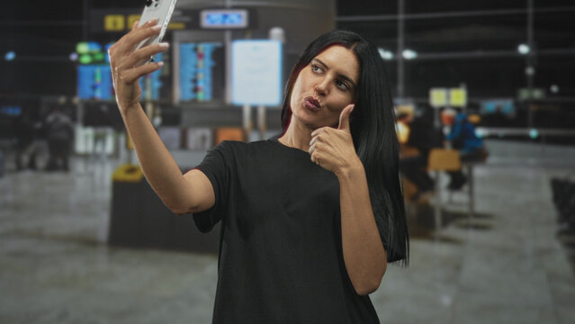 Woman holding smartphone with hand raised taking selfie in busy airport terminal by checkin screens and luggage area; playful confidence.