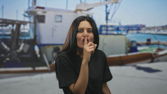 Woman finger to lips for silence in front of a moored fishing boat at street pier by marina, dark hair visible and black shirt; secrecy mystery.