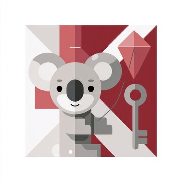 Visual alphabet tile illustrates the letter K using a friendly cartoon koala, a bright red kite, and a metal key on a white background.
