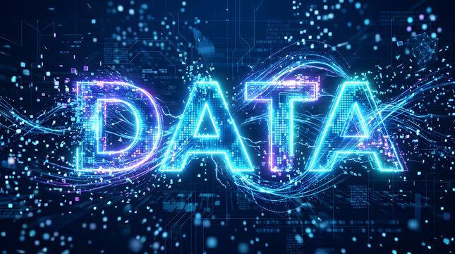data text with digital effects and circuitry background blue neon glowing pixels information technology futuristic network binary code data driven analytics visualization internet