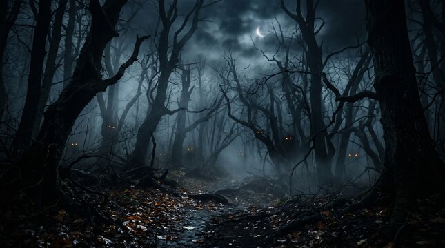 Spooky halloween cinematic background dark forest path with glowing eyes
