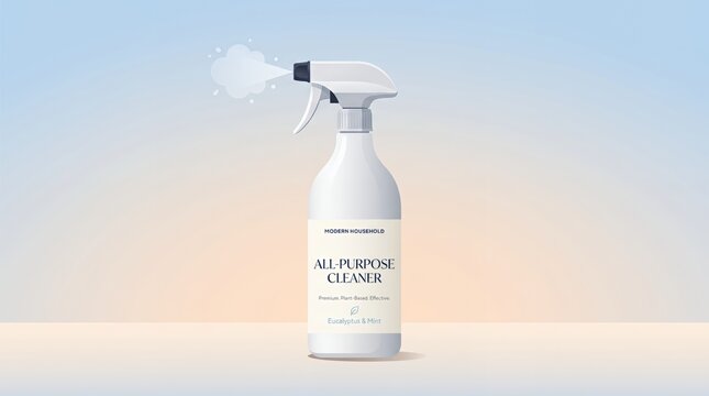 White all-purpose cleaner spray bottle on clean background.