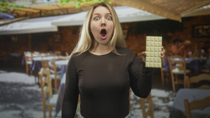 Fototapeta premium Blonde woman holding white chocolate bar, mouth open with hand to chest in a street dining area with wooden tables and umbrellas; surprise indulgence.