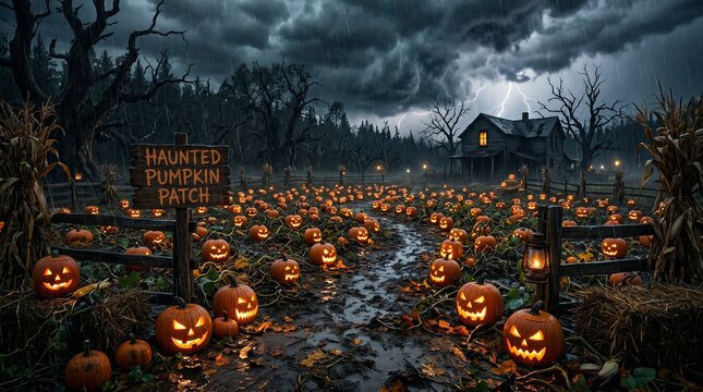 Spooky halloween cinematic background with haunted pumpkin patch at night