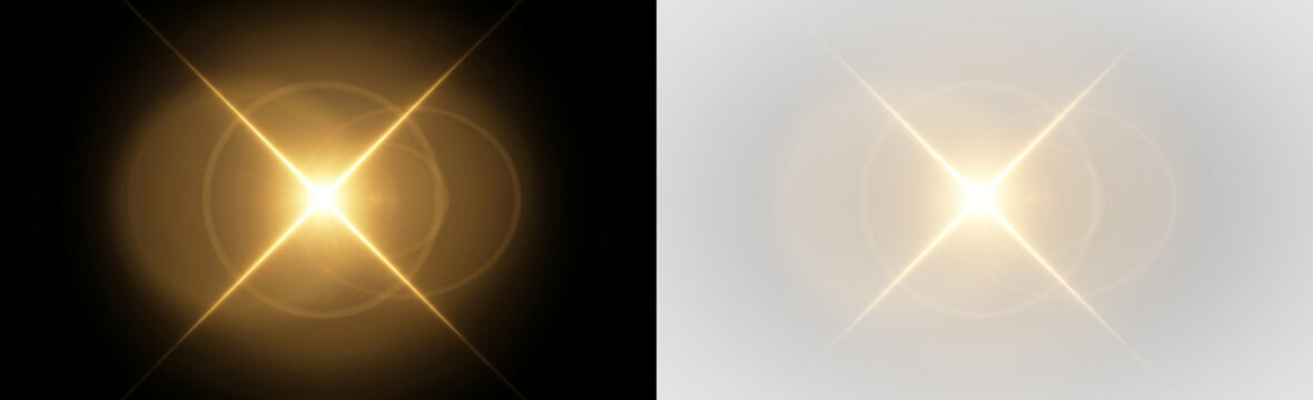 golden lens flare effect with bright light and circular glow on black background