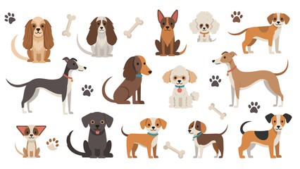 Fototapeta premium Diverse set of cute dog breed illustrations including a poodle, dachshund, golden retriever, and various other popular types.