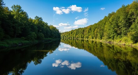 Fototapeta premium A vibrant, wide river meanders gently through dense green forest banks, reflecting the bright clear blue sky and fluffy white clouds above, forest, meandering, abundant