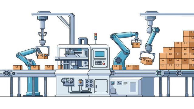 Modern automated production line featuring robotic arms efficiently handling and stacking cardboard boxes in a factory setting.