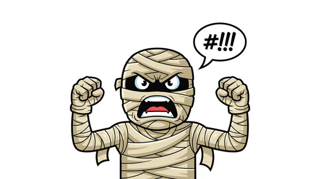 Grumpy cartoon mummy wrapped in bandages with an angry expression and clenched fists showing a swear word speech bubble.