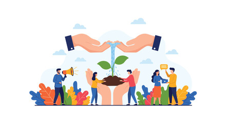 Fototapeta premium Team of people collaborating to care for a small plant held in giant hands symbolizing environmental support and growth.