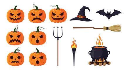 Fototapeta premium Large set of halloween themed icons including carved pumpkins, witch hat, bat, broom, torch, and a boiling cauldron.