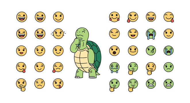 Pensive turtle character standing amidst a large collection of yellow and green emoji faces showing different emotions.