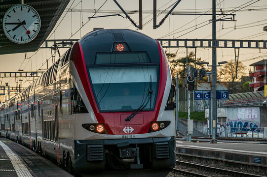 Swiss Federal Railways Double-Decker Train at Morges Railway Station in Switzerland.