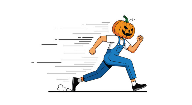 Jack-o-lantern character with a pumpkin head wearing blue overalls and running fast with motion lines representing speed and Halloween fun.