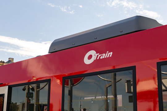 Ottawa, Canada - May 22, 2026: O-Train light rail transit vehicle front close up
