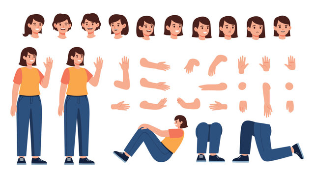 Comprehensive character creation kit featuring a female figure with various facial expressions, arm positions, and leg poses for animation design.