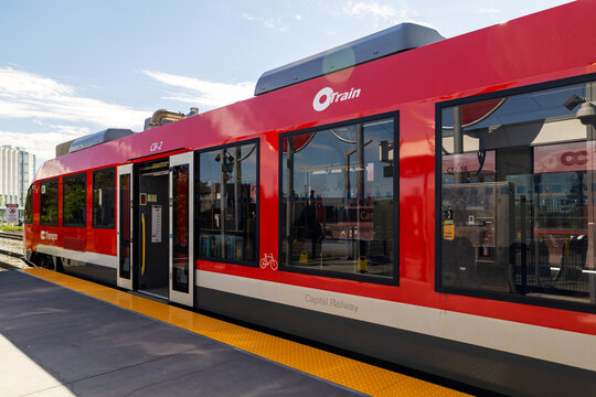 Ottawa, Canada - May 22, 2026: Red O-Train carriage stopped at Carleton station platform