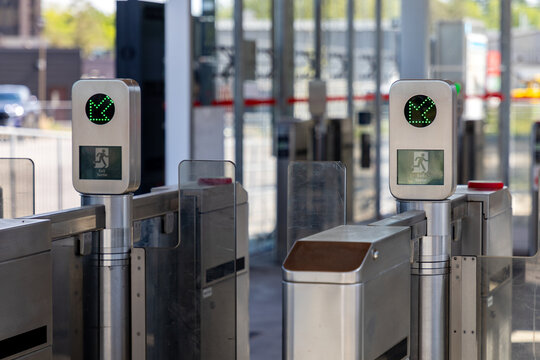 Light rail transit station entry fare gates close up in Ottawa, Canada