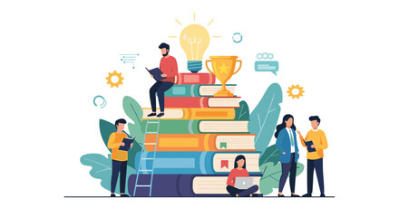 Naklejka premium People learning and researching around a large stack of books with a lightbulb of ideas and a winner trophy on top.