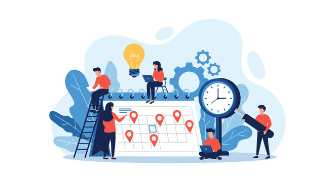Strategic project planning illustration with a team working around a large calendar with task pins, a big clock, and gears for efficiency.