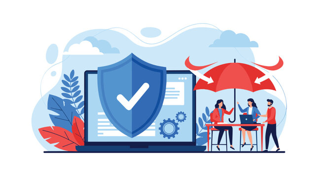 Online data insurance and cyber security concept with tiny people under a large red umbrella protecting a laptop with a blue shield icon.
