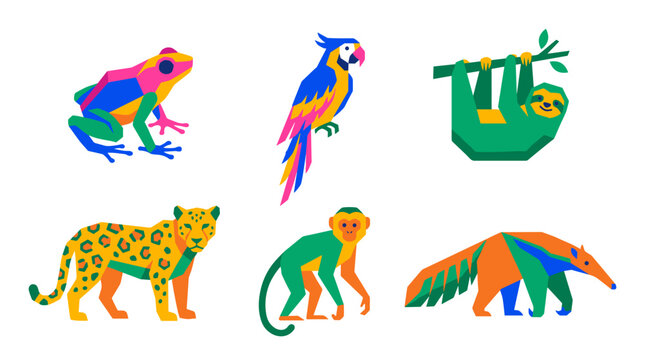 Vibrant Geometric Jungle Animals Collection: Frog Macaw Sloth Leopard Monkey Anteater Icon Set