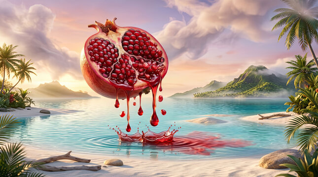 Surreal pomegranate fruit dripping juice