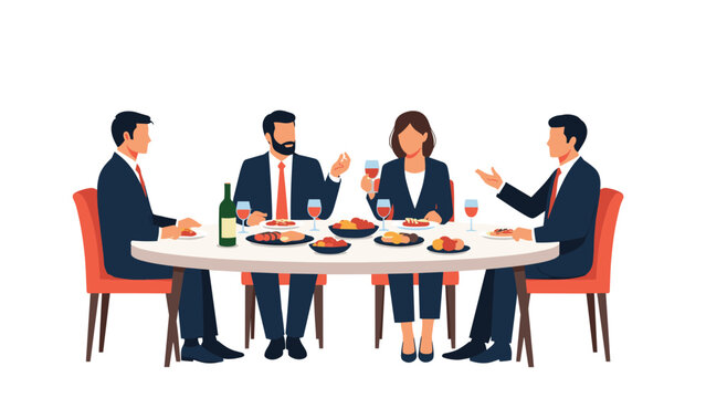 Four professional business colleagues sitting at a round table enjoying a formal dinner with wine and various gourmet dishes.