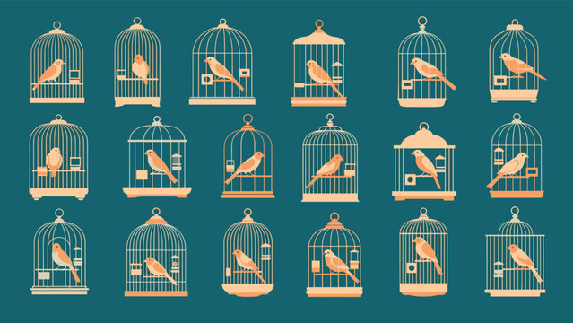 Multiple rows of identical vintage bird cages each housing a small orange canary bird perched on a wooden swing.